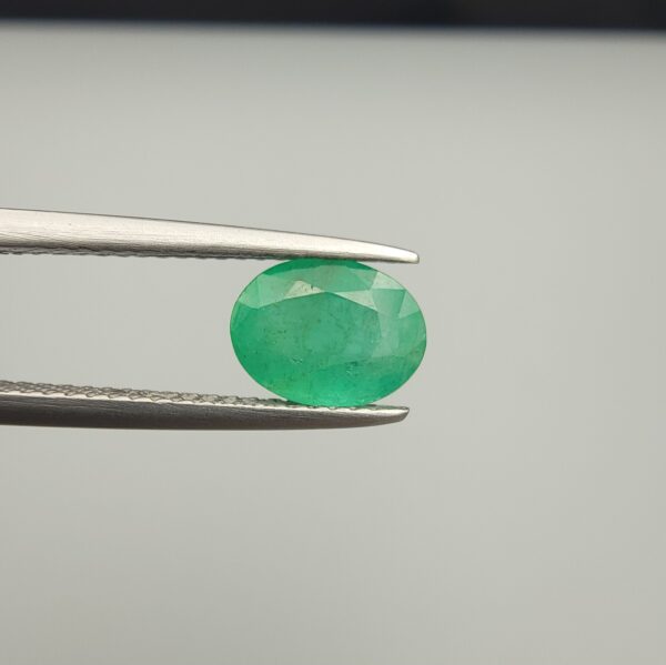 Macro photograph of a 1.51-carat natural Zambian emerald (Zamrud) held in metal gem tweezers, displaying a faceted oval cut, vivid green saturation, and fine natural internal inclusions (jardin) across the table.