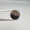 Multi-angle macro photographs of a 12.06-carat natural African Eye Agate (Sulemani Aqeeq) held in gem tweezers, showing a high round cabochon dome with translucent white and grey halo banding, a luminous bright focal center, and a base with natural black mineral plume inclusions.
