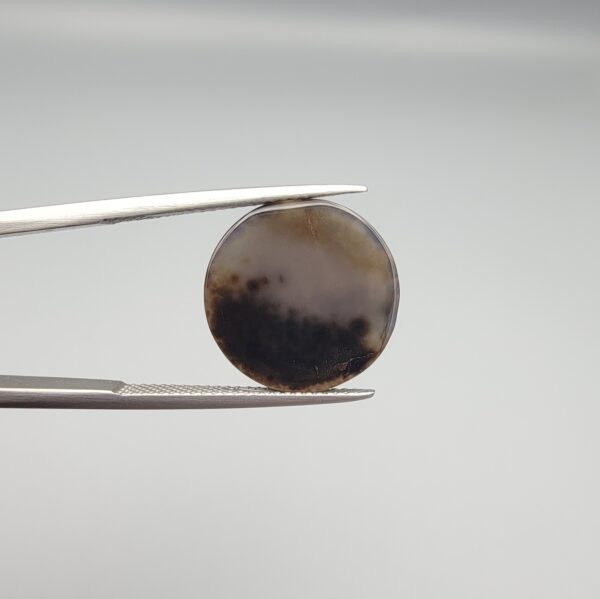 Multi-angle macro photographs of a 12.06-carat natural African Eye Agate (Sulemani Aqeeq) held in gem tweezers, showing a high round cabochon dome with translucent white and grey halo banding, a luminous bright focal center, and a base with natural black mineral plume inclusions.