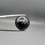 Multi-angle macro photographs of a 12.99-carat natural African Eye Agate (Sulemani Aqeeq) held in gem tweezers, showcasing a high round cabochon dome with deep charcoal-black body color, subtle flank fortification banding, and a base filled with intricate dendritic mineral inclusions.