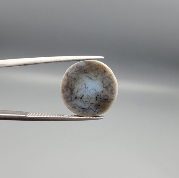 Multi-angle macro photographs of a 12.99-carat natural African Eye Agate (Sulemani Aqeeq) held in gem tweezers, showcasing a high round cabochon dome with deep charcoal-black body color, subtle flank fortification banding, and a base filled with intricate dendritic mineral inclusions.