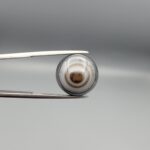 Multi-angle macro photographs of a 12.87-carat natural African Banded Eye Agate (Sulemani Aqeeq) held in gem tweezers, displaying a high round cabochon dome with concentric white and grey fortification rings, a brownish-black core pupil, and a base showing soft blue-grey to dark gradient chalcedony.