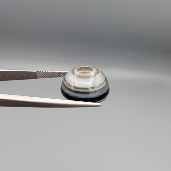 Multi-angle macro photographs of a 12.87-carat natural African Banded Eye Agate (Sulemani Aqeeq) held in gem tweezers, displaying a high round cabochon dome with concentric white and grey fortification rings, a brownish-black core pupil, and a base showing soft blue-grey to dark gradient chalcedony.