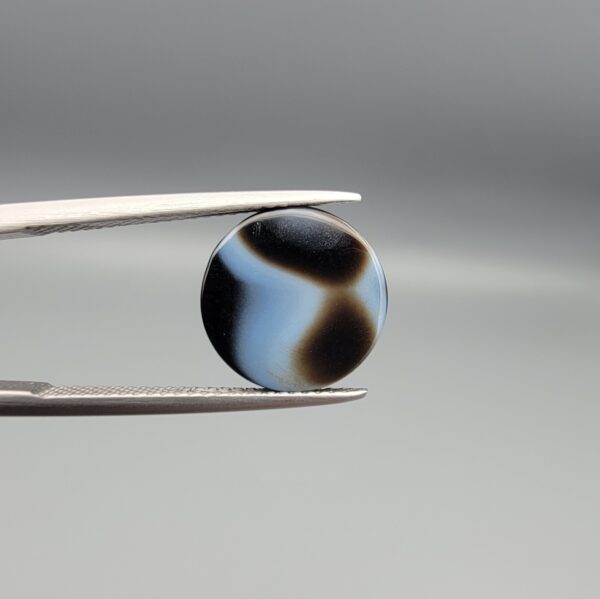 Multi-angle macro photographs of a 5.64-carat natural African Banded Eye Agate (Sulemani Aqeeq) held in gem tweezers, displaying a high round cabochon dome with precise concentric white and warm brown fortification rings around a dark brown core, crisp side profile banding, and a reverse side showing a unique tricolor blue, white, and dark brown pattern.