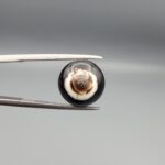 Multi-angle macro photographs of a 5.62-carat natural African Banded Eye Agate (Sulemani Aqeeq) held in steel gem tweezers, showcasing a high round cabochon dome with bold concentric white and jet-black banding framing a brownish-black pupil core, crisp side profile layers, and a flat white base with natural dark dendrite plumes.