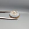 Multi-angle macro photographs of an 11.83-carat natural African Banded Eye Agate (Sulemani Aqeeq) held in gem tweezers, showing a high round cabochon dome with translucent misty-grey eye banding, a warm brownish lower rim, and a flat reverse revealing an intricate mossy dendritic chalcedony matrix.