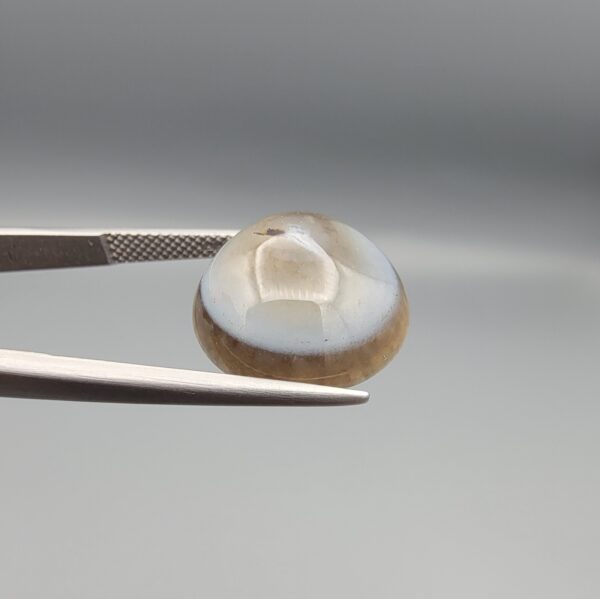 Multi-angle macro photographs of an 11.83-carat natural African Banded Eye Agate (Sulemani Aqeeq) held in gem tweezers, showing a high round cabochon dome with translucent misty-grey eye banding, a warm brownish lower rim, and a flat reverse revealing an intricate mossy dendritic chalcedony matrix.
