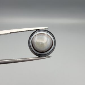 Multi-angle macro photographs of a 12.57-carat natural African Banded Eye Agate (Sulemani Aqeeq) held in gem tweezers and on fingertips, showcasing a high round cabochon dome with concentric white and dark grey bands framing a luminous translucent central dome, layered profile fortification rings, and a flat reverse showing an organic dark brown and black cloud matrix.