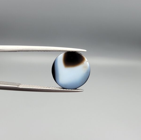 Multi-angle macro photographs of a 5.62-carat natural African Banded Eye Agate (Sulemani Aqeeq) held in steel gem tweezers, showcasing a top view with a central brown pupil core encircled by a white halo ring set within a deep black body, a side profile displaying smooth high-dome geometry with lower flank fortification, and a reverse view revealing a flat translucent milky-blue base with a solid black eclipse patch.