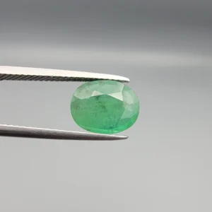 High-resolution macro photograph showing a 2.89-carat natural Zambian Emerald (Zamrud / Panna) oval faceted gemstone held in gemological tweezers, displaying a vibrant mint-to-forest green hue with natural internal jardin inclusions and clean faceting.