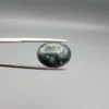 High-resolution macro photographs showing a 10.23-carat natural Serpentine (Zehr Mora) oval cabochon held in gemological tweezers from top, profile, and back angles, displaying mottled dark forest green matrix, sage inclusions, and a smooth domed polish.