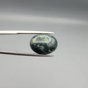 High-resolution macro photographs showing a 10.23-carat natural Serpentine (Zehr Mora) oval cabochon held in gemological tweezers from top, profile, and back angles, displaying mottled dark forest green matrix, sage inclusions, and a smooth domed polish.