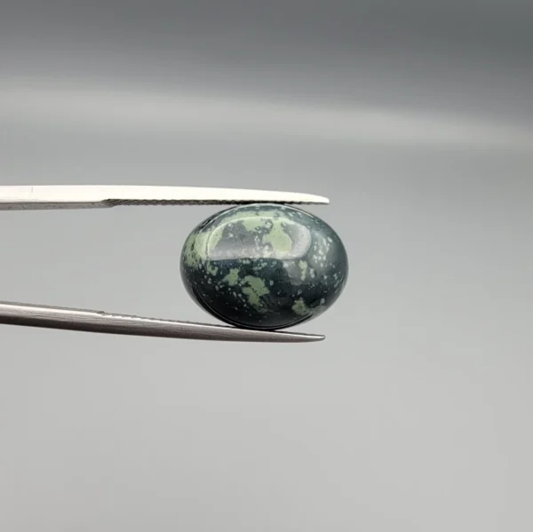 High-resolution macro photographs showing a 10.23-carat natural Serpentine (Zehr Mora) oval cabochon held in gemological tweezers from top, profile, and back angles, displaying mottled dark forest green matrix, sage inclusions, and a smooth domed polish.