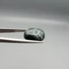High-resolution macro photographs showing a 10.23-carat natural Serpentine (Zehr Mora) oval cabochon held in gemological tweezers from top, profile, and back angles, displaying mottled dark forest green matrix, sage inclusions, and a smooth domed polish.