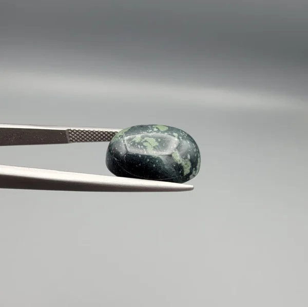 High-resolution macro photographs showing a 10.23-carat natural Serpentine (Zehr Mora) oval cabochon held in gemological tweezers from top, profile, and back angles, displaying mottled dark forest green matrix, sage inclusions, and a smooth domed polish.
