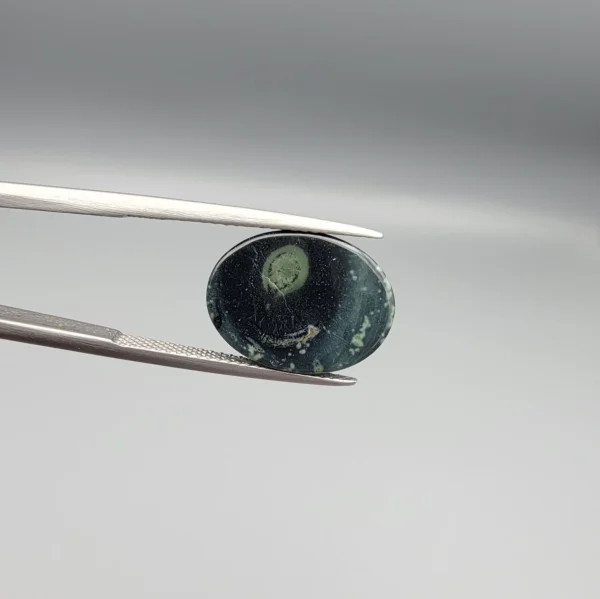 High-resolution macro photographs showing a 10.23-carat natural Serpentine (Zehr Mora) oval cabochon held in gemological tweezers from top, profile, and back angles, displaying mottled dark forest green matrix, sage inclusions, and a smooth domed polish.
