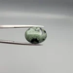High-resolution macro photographs showing a 10.00-carat natural Serpentine (Zehr Mora) oval cabochon held in gemological tweezers from front and back views, displaying a sage-green body matrix with striking black mineral inclusions and veining under a smooth dome polish.