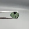 High-resolution macro photographs showing a 10.00-carat natural Serpentine (Zehr Mora) oval cabochon held in gemological tweezers from front and back views, displaying a sage-green body matrix with striking black mineral inclusions and veining under a smooth dome polish.