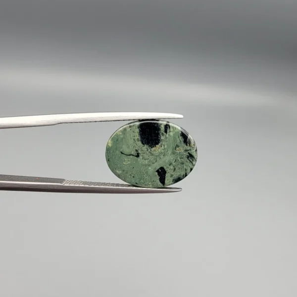 High-resolution macro photographs showing a 10.00-carat natural Serpentine (Zehr Mora) oval cabochon held in gemological tweezers from front and back views, displaying a sage-green body matrix with striking black mineral inclusions and veining under a smooth dome polish.