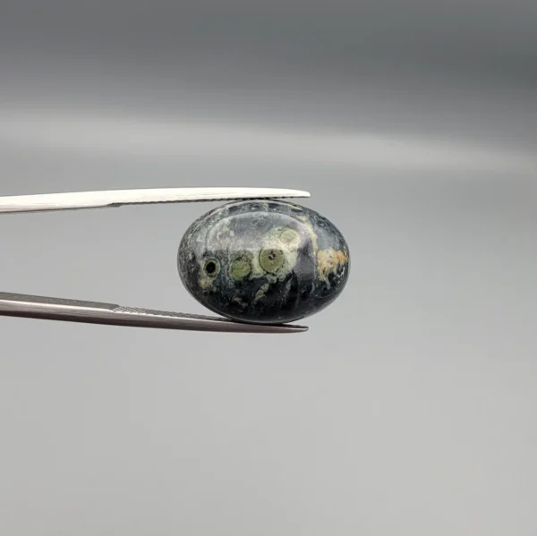 High-resolution macro photographs showing a 12.97-carat natural Serpentine (Zehr Mora) oval cabochon held in gemological tweezers from front and back views, displaying a dark charcoal-green matrix with distinct pale-green circular orbital "eye" inclusions under a high-luster polished dome.