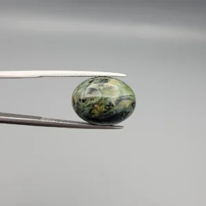 High-resolution macro photographs showing a 10.27-carat natural Serpentine (Zehr Mora) oval cabochon held in gemological tweezers from front, profile, and back angles, displaying an intricate moss-green matrix with swirling dark veins, golden-tan mineral accents, and a smooth domed polish.