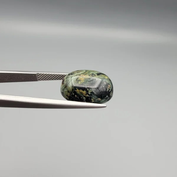 High-resolution macro photographs showing a 10.27-carat natural Serpentine (Zehr Mora) oval cabochon held in gemological tweezers from front, profile, and back angles, displaying an intricate moss-green matrix with swirling dark veins, golden-tan mineral accents, and a smooth domed polish.