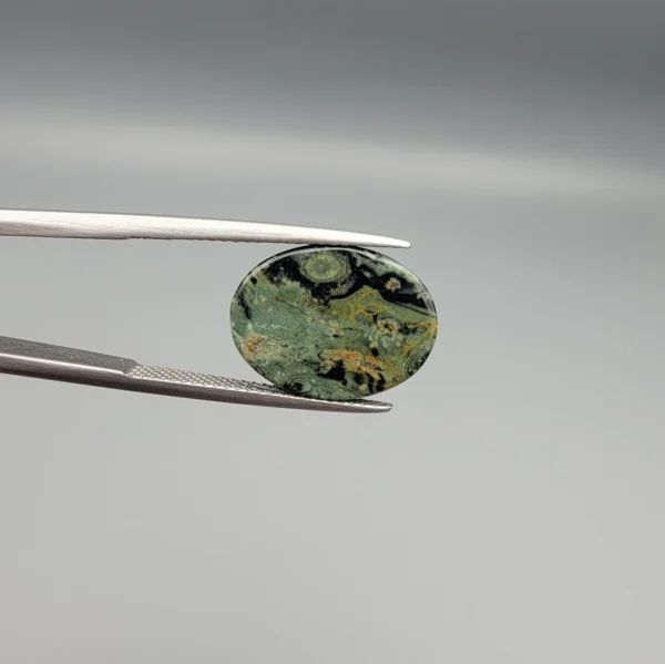 High-resolution macro photographs showing a 10.27-carat natural Serpentine (Zehr Mora) oval cabochon held in gemological tweezers from front, profile, and back angles, displaying an intricate moss-green matrix with swirling dark veins, golden-tan mineral accents, and a smooth domed polish.