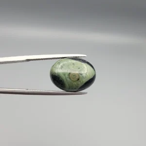 High-resolution macro photographs showing a 9.90-carat natural Serpentine (Zehr Mora) oval cabochon held in gemological tweezers from front and back views, displaying a sage-green and dark forest matrix with a central concentric "eye" orbital formation and smooth domed polish.