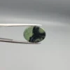 High-resolution macro photographs showing a 9.90-carat natural Serpentine (Zehr Mora) oval cabochon held in gemological tweezers from front and back views, displaying a sage-green and dark forest matrix with a central concentric "eye" orbital formation and smooth domed polish.