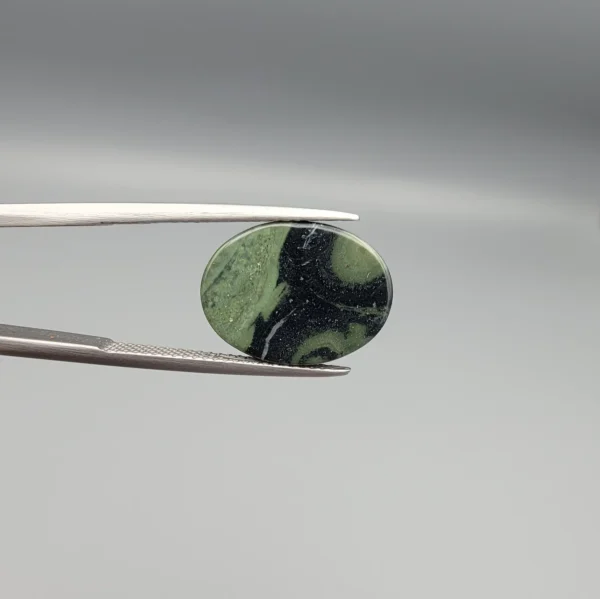 High-resolution macro photographs showing a 9.90-carat natural Serpentine (Zehr Mora) oval cabochon held in gemological tweezers from front and back views, displaying a sage-green and dark forest matrix with a central concentric "eye" orbital formation and smooth domed polish.