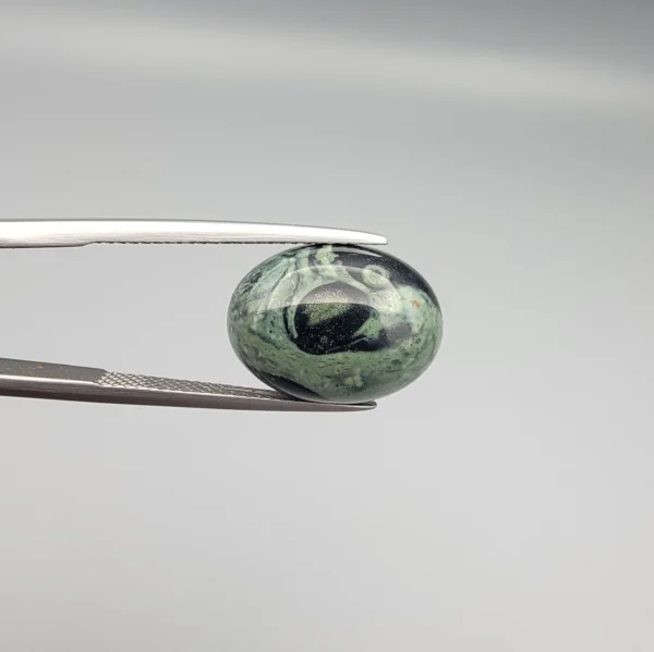 High-resolution macro photographs showing a 10.17-carat natural Serpentine (Zehr Mora) oval cabochon held in gemological tweezers from front and back views, displaying a sage-green matrix with a prominent dark central "eye" pattern, swirling mineral veining, and a smooth domed polish.