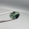High-resolution macro photographs showing a 10.17-carat natural Serpentine (Zehr Mora) oval cabochon held in gemological tweezers from front and back views, displaying a sage-green matrix with a prominent dark central "eye" pattern, swirling mineral veining, and a smooth domed polish.