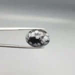 High-resolution macro photographs showing a 13.78-carat natural Serpentine (Zehr Mora) oval cabochon held in tweezers and showcased on hand, displaying a deep jet-black base matrix contrasting with crisp white snowflake-like inclusions under a high-luster polished dome.