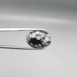 High-resolution macro photographs showing a 13.78-carat natural Serpentine (Zehr Mora) oval cabochon held in tweezers and showcased on hand, displaying a deep jet-black base matrix contrasting with crisp white snowflake-like inclusions under a high-luster polished dome.