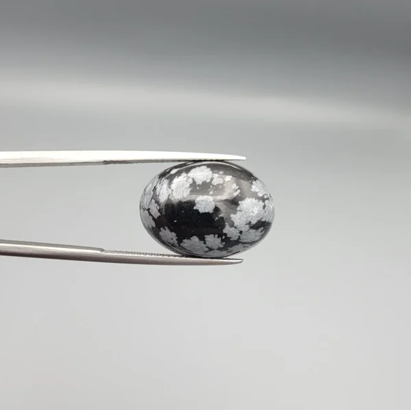 High-resolution macro photographs showing a 13.78-carat natural Serpentine (Zehr Mora) oval cabochon held in tweezers and showcased on hand, displaying a deep jet-black base matrix contrasting with crisp white snowflake-like inclusions under a high-luster polished dome.