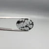 High-resolution macro photographs showing a 13.78-carat natural Serpentine (Zehr Mora) oval cabochon held in tweezers and showcased on hand, displaying a deep jet-black base matrix contrasting with crisp white snowflake-like inclusions under a high-luster polished dome.