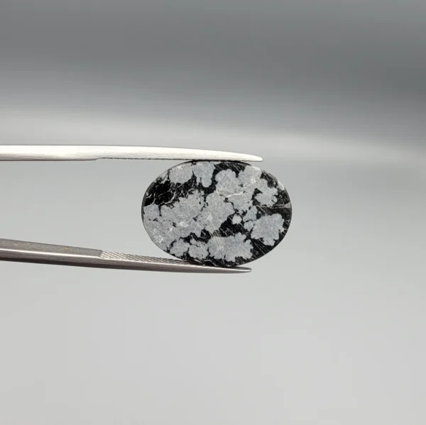 High-resolution macro photographs showing a 13.78-carat natural Serpentine (Zehr Mora) oval cabochon held in tweezers and showcased on hand, displaying a deep jet-black base matrix contrasting with crisp white snowflake-like inclusions under a high-luster polished dome.