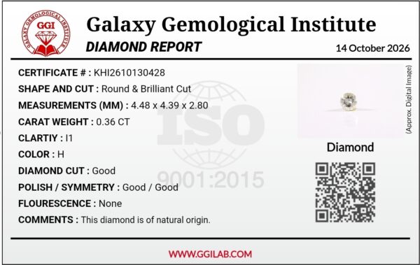 High-resolution digital scan of an official Galaxy Gemological Institute (GGI) Diamond Report certificate (No. KHI2610130428) dated 14 October 2026 for a 0.36-carat natural round brilliant-cut loose diamond displaying H color and I1 clarity.