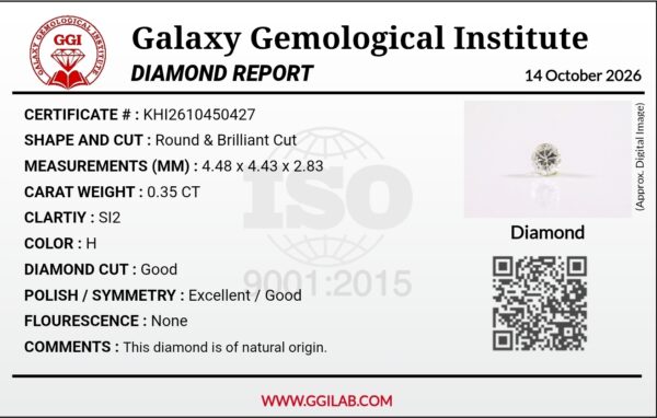 High-resolution digital scan of an official Galaxy Gemological Institute (GGI) Diamond Report certificate (No. KHI260910450427) dated 14 October 2026 for a 0.35-carat natural round brilliant-cut loose diamond displaying H color and SI2 clarity.