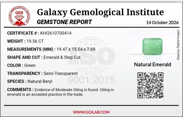 High-resolution digital scan of an official Galaxy Gemological Institute (GGI) Gemstone Report certificate (No. KHI2610700414) dated 14 October 2026 for a massive 19.56-carat semi-transparent green natural Emerald (Beryl) featuring an emerald step cut with moderate oiling.
