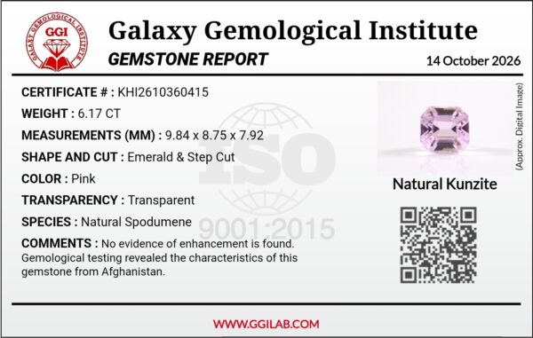 High-resolution digital scan of an official Galaxy Gemological Institute (GGI) Gemstone Report certificate (No. KHI2610360415) dated 14 October 2026 for a 6.17-carat unenhanced transparent pink natural Kunzite (Spodumene) from Afghanistan cut in an emerald step cut.