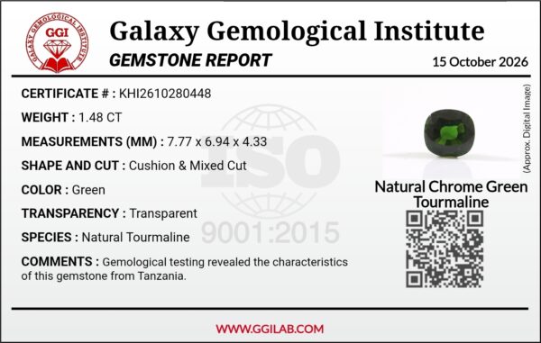 High-resolution scan of an official GGI (Galaxy Gemological Institute) Gemstone Report for a 1.48-carat Natural Chrome Green Tourmaline sourced from Tanzania, detailed with certificate number KHI2610280448, cushion mixed cut dimensions (7.77 x 6.94 x 4.33 mm), transparent green color, and QR verification code.