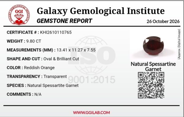Official scan of a Galaxy Gemological Institute (GGI) Gemstone Report for a 9.80-carat Natural Spessartine Garnet (Natural Spessartite Garnet), detailing certificate number KHI2610110765, oval brilliant cut measurements (13.41 x 11.27 x 7.55 mm), reddish orange color, transparent clarity, and digital gem specimen image.