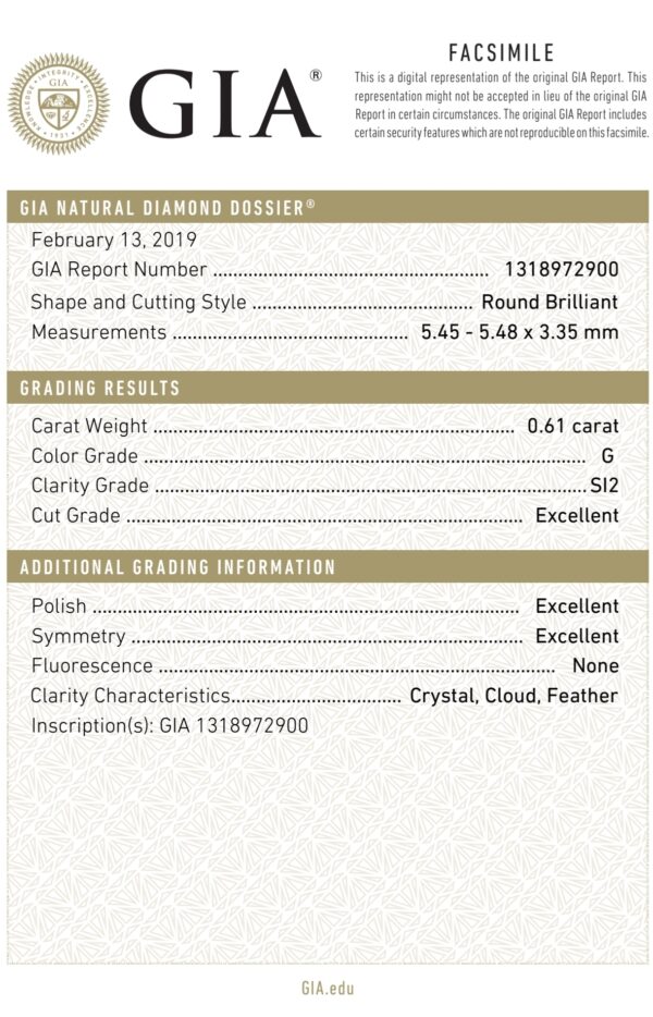 Official GIA Natural Diamond Dossier scan for a 0.61-carat round brilliant loose diamond, detailing report number 1318972900, G color grade, SI2 clarity grade, Excellent cut grade, Excellent polish, Excellent symmetry, None fluorescence, and laser inscription GIA 1318972900.