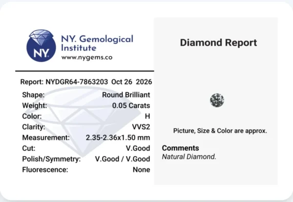 Official Diamond Report card scan from NY. Gemological Institute for a 0.05-carat round brilliant loose natural diamond, detailing report number NYDGR64-7863203 (dated Oct 26 2026), H color, VVS2 clarity, Very Good cut, Very Good polish/symmetry, None fluorescence, and measurements 2.35-2.36x1.50 mm.
