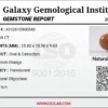 High-resolution image of Galaxy Gemological Institute (GGI) Gemstone Report Certificate # KHI2610860840 for a 34.69-carat Natural Sunstone (Oligoclase) displaying an oval cabochon cut and translucent brownish orange color.