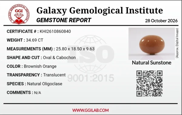 High-resolution image of Galaxy Gemological Institute (GGI) Gemstone Report Certificate # KHI2610860840 for a 34.69-carat Natural Sunstone (Oligoclase) displaying an oval cabochon cut and translucent brownish orange color.