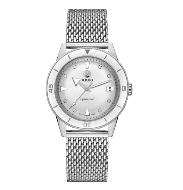 Authentic Rado HyperChrome Captain Cook Automatic Swiss Watch – Silver Dial with Diamond Markers and Stainless Steel Milanese Mesh Bracelet